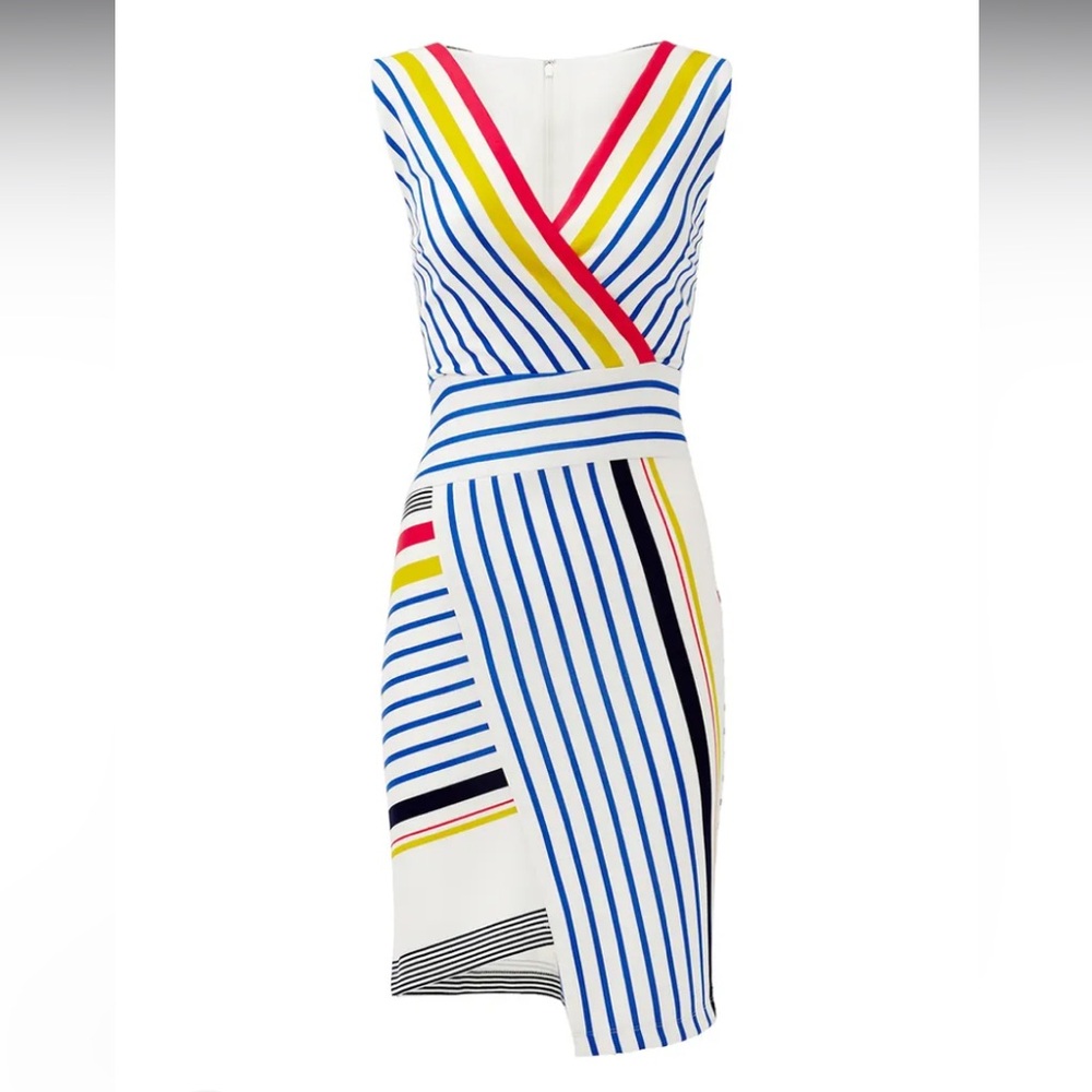 Donna Morgan Striped White Multicolor Sleeveless Surplice Dress Women’s Size 6